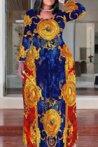 Multicolor Casual Print Patchwork O Neck Long Plus Size Dresses