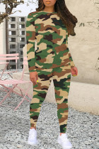 Dark Green Casual Camouflage Print Patchwork O Neck Long Sleeve Two Pieces