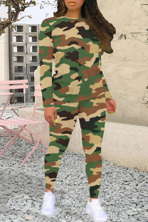 Dark Green Casual Camouflage Print Patchwork O Neck Long Sleeve Two Pieces