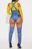 Yellow And Blue Sexy Heart Shaped Hollow Out Buttons Patchwork Contrast Turtleneck Long Sleeve Two Pieces