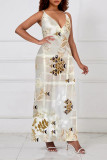 Yellow Sexy Floral Print Contrast V Neck Sling Dresses