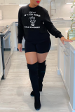 Black Casual Cartoon Print Letters O Neck Tops