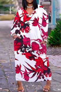 White Red Casual Floral Print Basic V Neck Long Plus Size Dresses