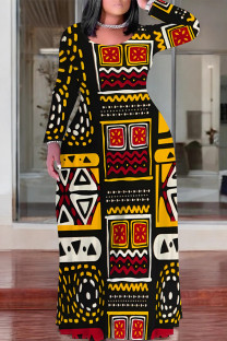 Black Yellow Casual National Totem Print Contrast O Neck Printed Plus Size Dresses