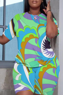 Green Casual Print Basic O Neck Short Sleeve Two Pieces
