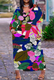 Yellow And Blue Casual Floral Print Basic V Neck Long Plus Size Dresses