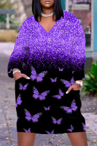 Purple Casual Street Camouflage Print Butterfly Flowers Pocket Contrast V Neck Printed Plus Size Dresses