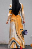 Orange Casual Geometric Print Lace Up Contrast V Neck Printed Dresses