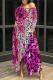 Rose Red Casual Print Pocket Patchwork Oblique Collar Irregular Dresses