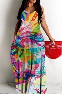 Colour Casual Print Backless Spaghetti Strap Long Dresses