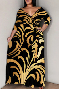 Black Gold Casual Print Patchwork Strap Design V Neck Long Plus Size Dresses