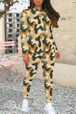 Dark Green Casual Camouflage Print Patchwork O Neck Long Sleeve Two Pieces