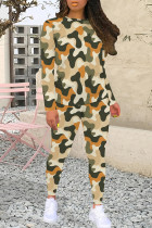 Khaki Casual Camouflage Print Patchwork O Neck Long Sleeve Two Pieces