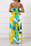 Yellow Sexy Floral Print Contrast V Neck Sling Dresses