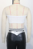 White Sexy Solid Color Patchwork See-Through O Neck Tops