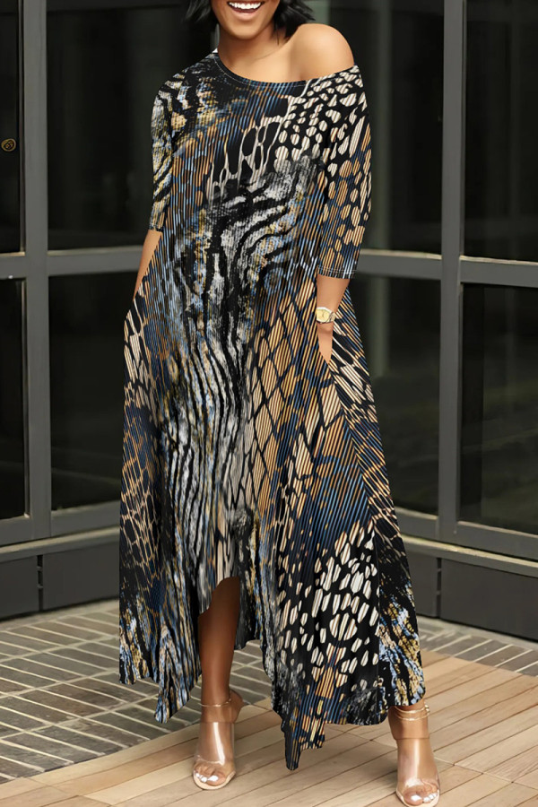 Black Casual Print Pocket Patchwork Oblique Collar Irregular Dresses