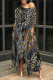 Black Casual Print Pocket Patchwork Oblique Collar Irregular Dresses