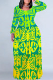 Brown Casual National Totem Print Contrast O Neck Printed Plus Size Dresses