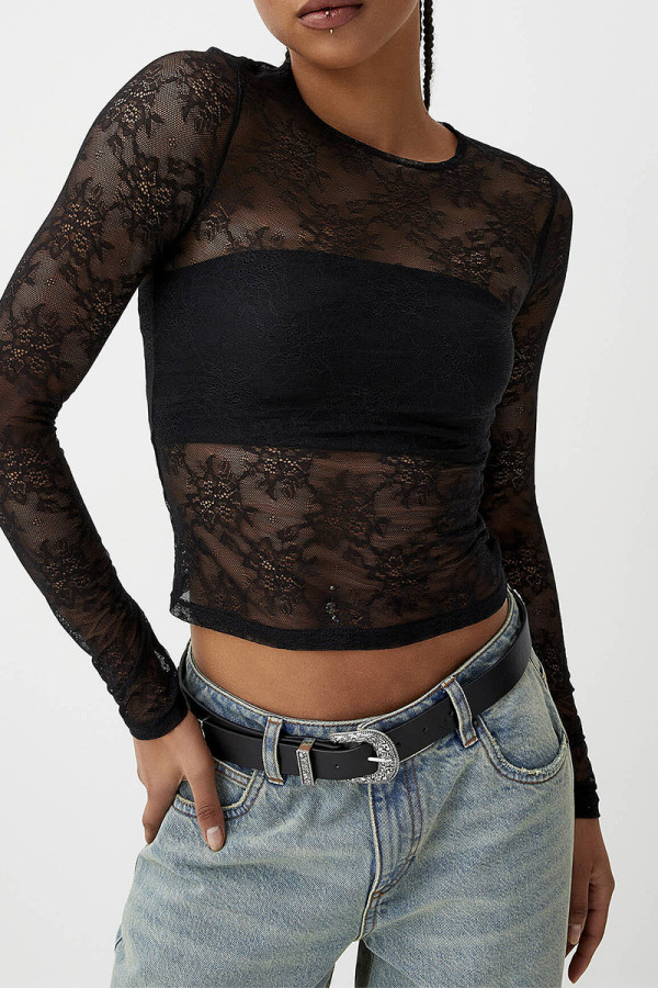 Black Sexy Solid Color Patchwork See-Through O Neck Tops