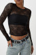 Black Sexy Solid Color Patchwork See-Through O Neck Tops