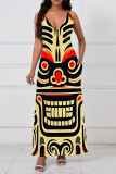 Multicolor Casual Print Pocket Patchwork V Neck Long Dresses