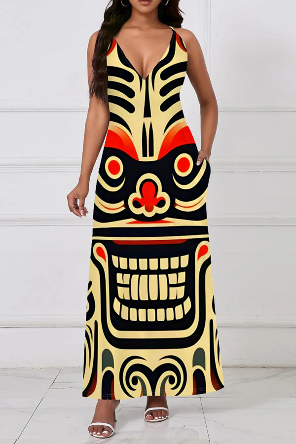 Yellow Black Casual Print Pocket Patchwork V Neck Long Dresses