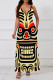 Yellow Black Casual Print Pocket Patchwork V Neck Long Dresses