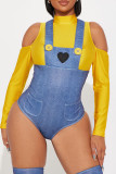 Yellow And Blue Sexy Heart Shaped Hollow Out Buttons Patchwork Contrast Turtleneck Long Sleeve Two Pieces
