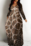 Dark Brown Casual Print Basic V Neck Long Dresses