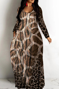 Dark Brown Casual Print Basic V Neck Long Dresses