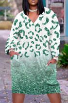 Green Casual Street Camouflage Print Butterfly Flowers Pocket Contrast V Neck Printed Plus Size Dresses