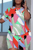 Pink Green Casual Print Basic O Neck Short Sleeve Two Pieces