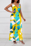 Yellow Sexy Floral Print Contrast V Neck Sling Dresses