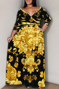 Gold Casual Print Patchwork Strap Design V Neck Long Plus Size Dresses