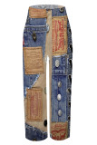 Blue Casual Faux Denim Print Pocket Contrast Loose High Waist Wide Leg Full Print Bottoms