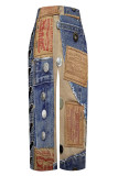 Blue Casual Faux Denim Print Pocket Contrast Loose High Waist Wide Leg Full Print Bottoms