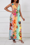Yellow Sexy Floral Print Contrast V Neck Sling Dresses