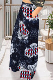 Blue Casual Faux Denim Print Pocket Contrast Loose High Waist Wide Leg Full Print Bottoms