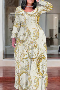 Light Khaki Casual Print Patchwork O Neck Long Plus Size Dresses