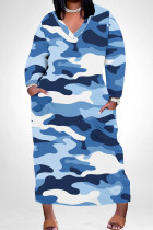 Blue Casual Camouflage Print Pocket Patchwork V Neck Straight Plus Size Dresses