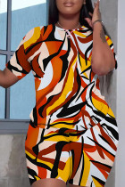 Orange Brown Casual Print Basic O Neck Short Sleeve Two Pieces