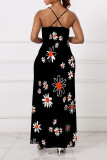 Yellow Sexy Floral Print Contrast V Neck Sling Dresses