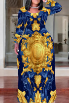 Dark Blue Yellow Casual Print Patchwork O Neck Long Plus Size Dresses
