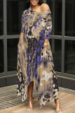 Blue Casual Print Pocket Patchwork Oblique Collar Irregular Dresses