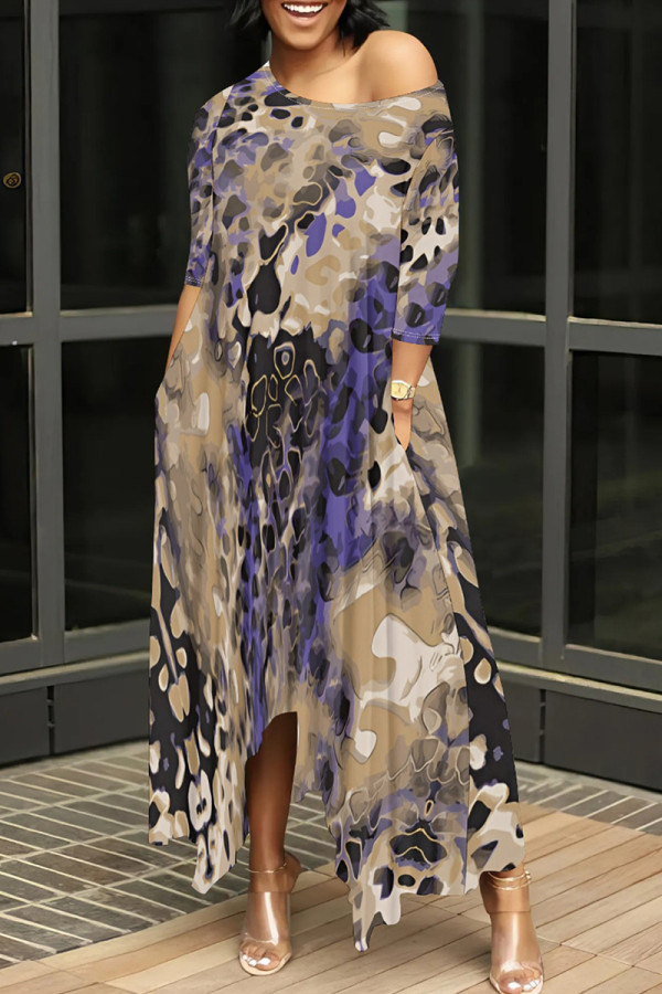 Khaki Casual Print Pocket Patchwork Oblique Collar Irregular Dresses