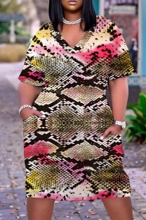 Pink Casual Print Basic V Neck Short Sleeve Plus Size Dresses