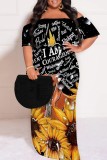 Blue Casual Print Patchwork Off Shoulder Long Plus Size Dresses