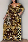 Gold Casual Print Patchwork Strap Design V Neck Long Plus Size Dresses