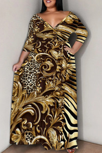 Brown Casual Print Patchwork Strap Design V Neck Long Plus Size Dresses