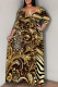 Brown Casual Print Patchwork Strap Design V Neck Long Plus Size Dresses